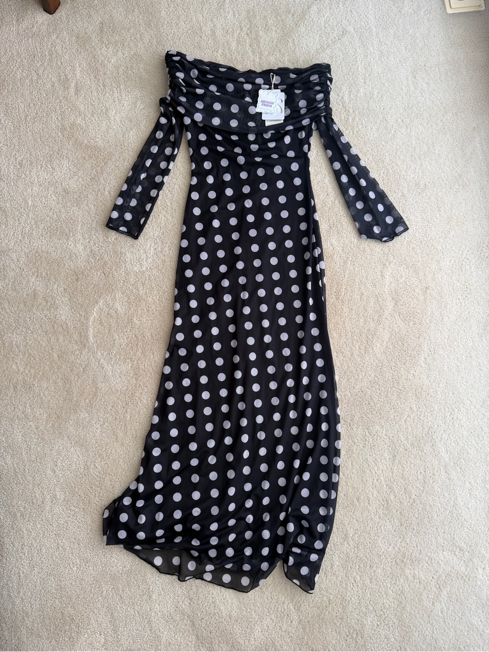 Commense Black and White Polka Dot Off-Shoulder Maxi Dress
